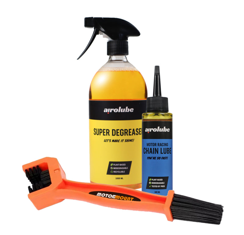 Motormount ketting onderhoud set voor motorfiets – kettingreiniger, kettingspray en borstel